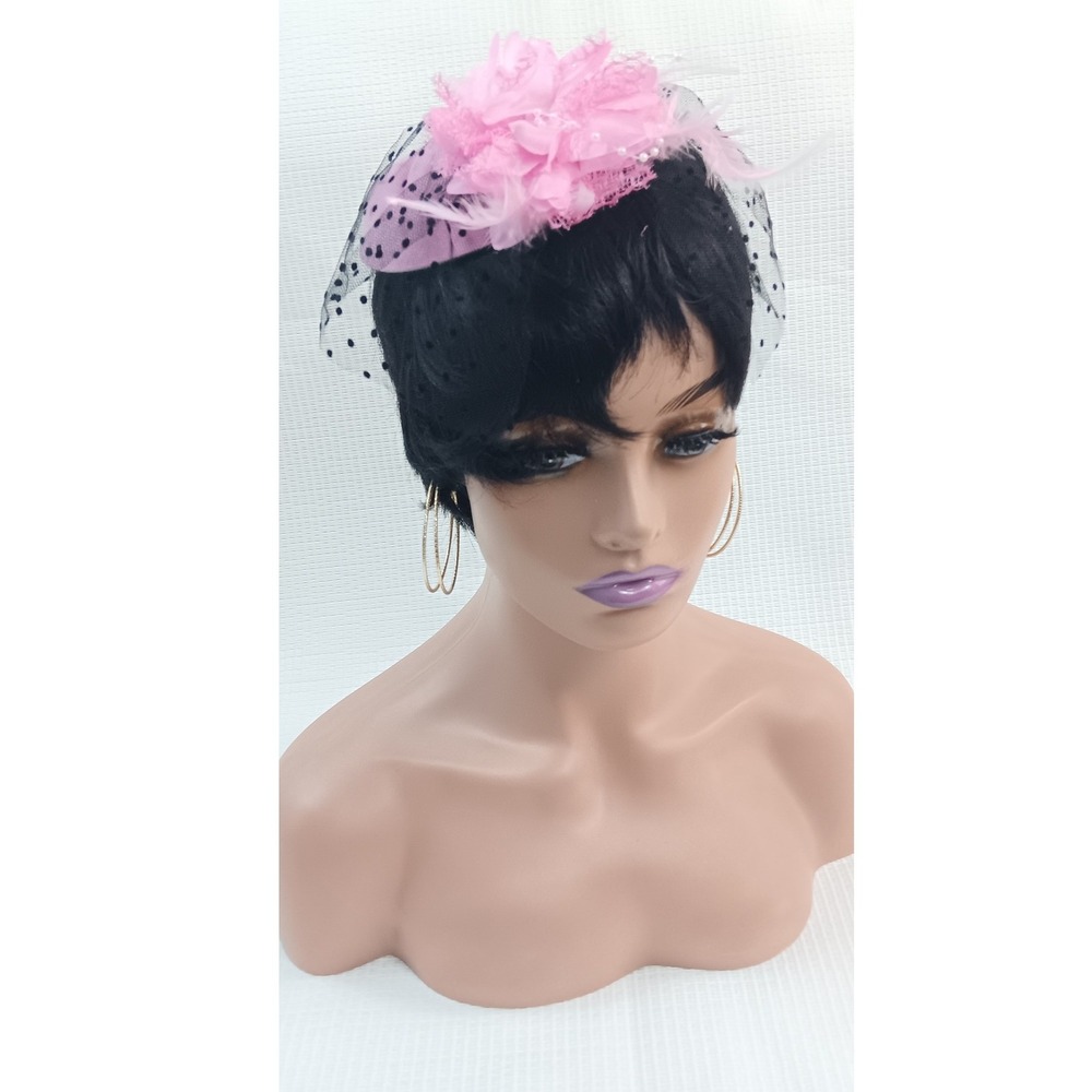 Vintage Style Pink Fascinator Hat Faux Feather Polka Dot Veil Hair Clip